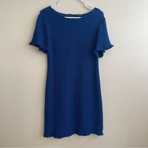 St. John Womens Blue Dress Gridded Texture Sheath Fringe Trim Size 12 Wool Rayon